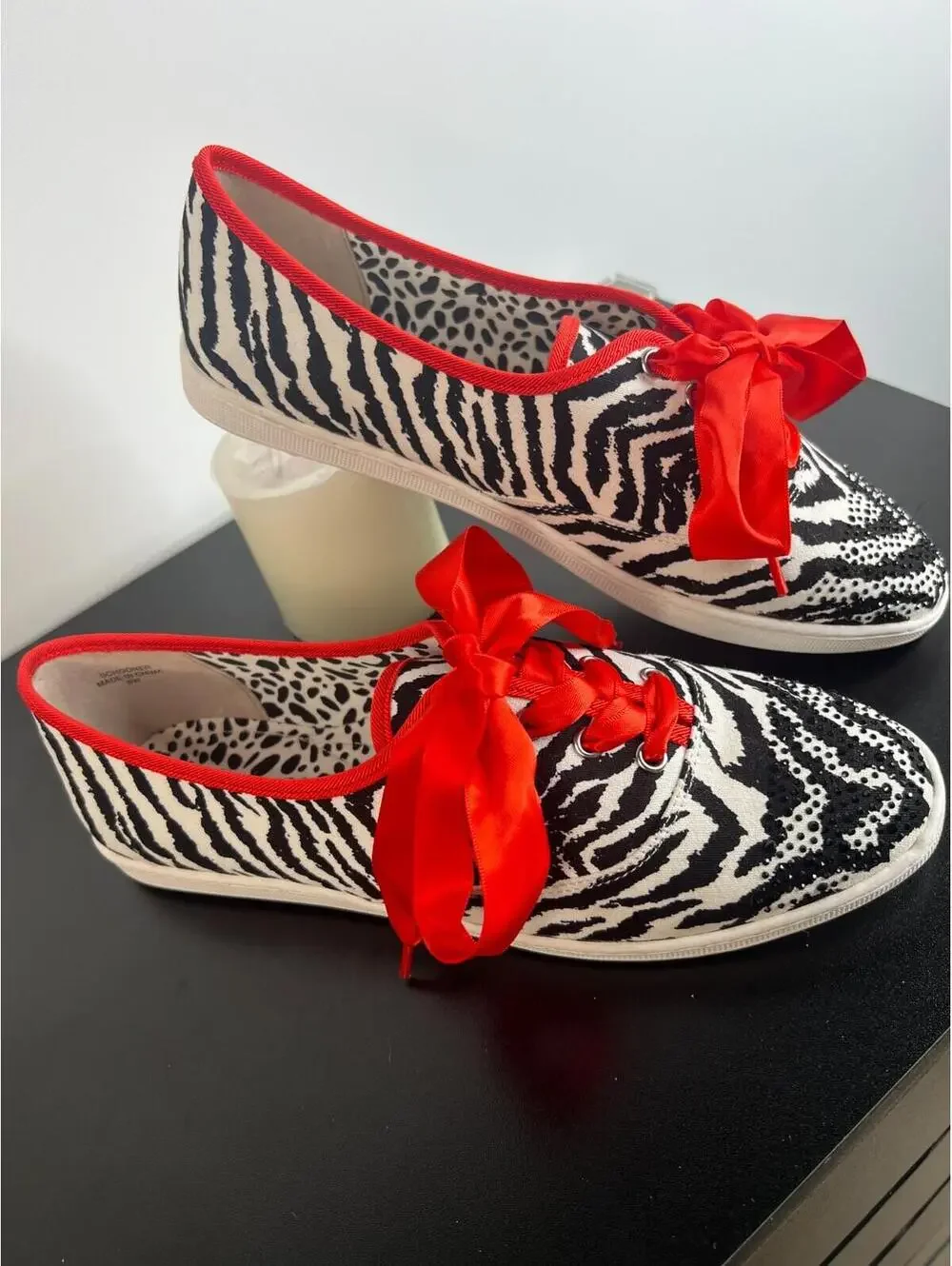 J Renee Zebra Print Sneakers 9Wide Rhinestone Toe Red Ribbon Lace Fashion Shoes - Picture 2 of 15